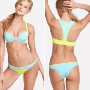 Victoria’s Secret Neoprene Blue Green Zipper Racerback Bikini Top Size 34DD